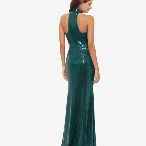 Green formal sequin long halter neck dress. Betsy and Adam
